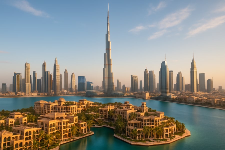 Dubai skyline with Burj Khalifa and luxury resorts Dubai skyline with Burj Khalifa and luxury resorts