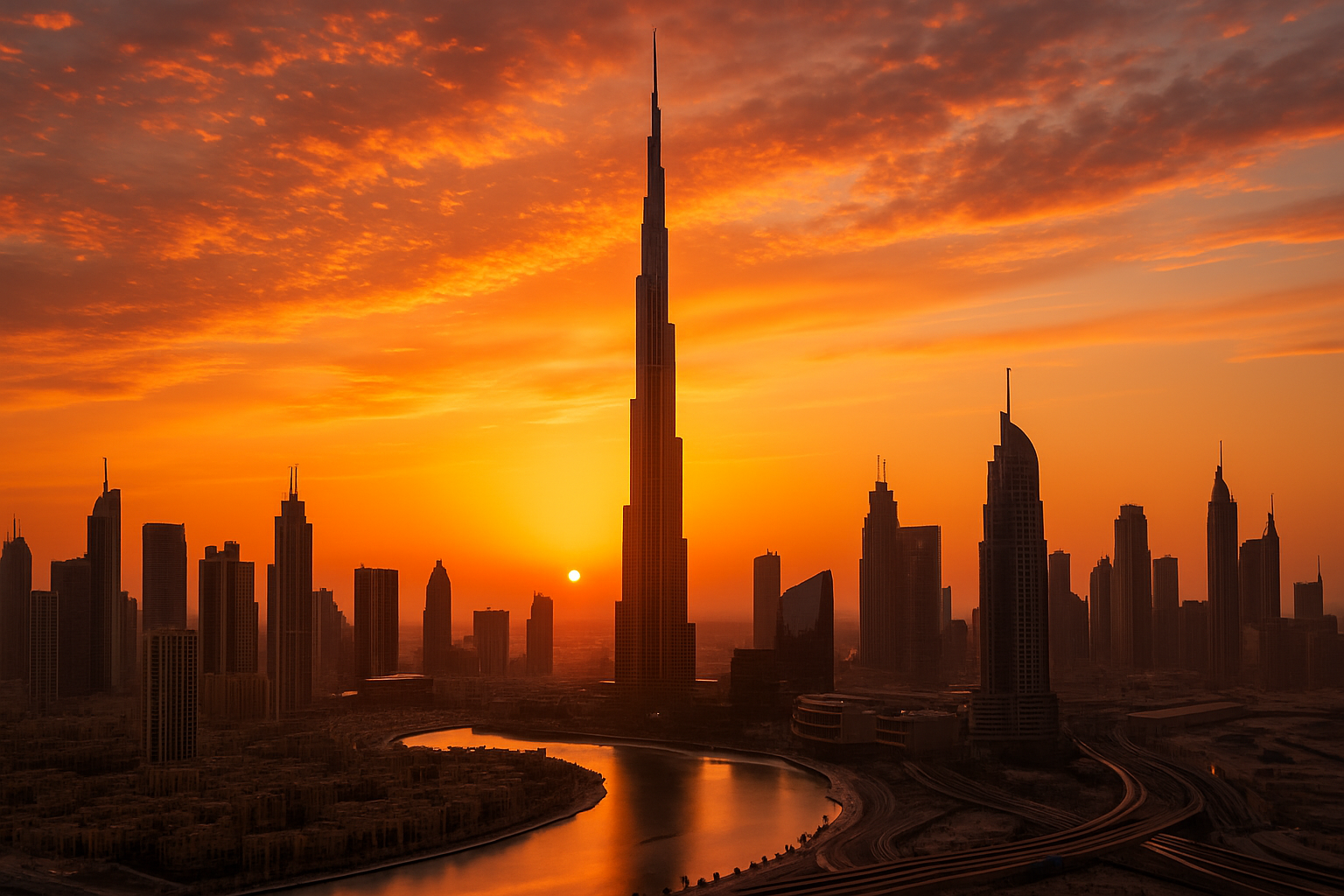 Dubai skyline with Burj Khalifa at sunset