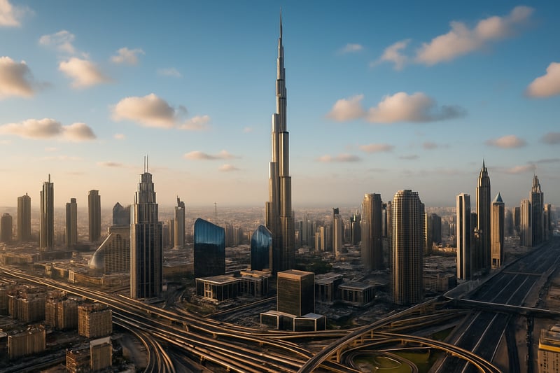 Stunning skyline of Dubai with Burj Khalifa and modern architecture Stunning skyline of Dubai with Burj Khalifa and modern architecture